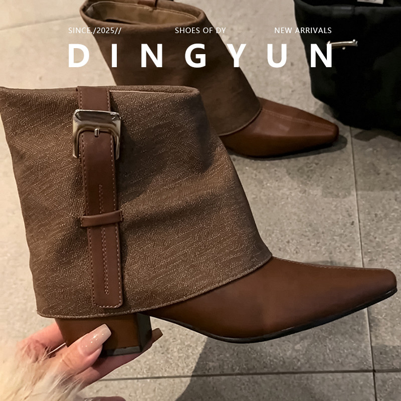 羊皮版dingyun丁允高跟鞋秋冬靴子棕色短靴尖头骑士靴中筒裤管靴