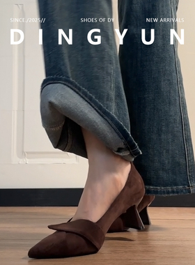 羊皮版dingyun丁允尖头高跟鞋女百搭通勤浅口法式粗跟单鞋巨好看
