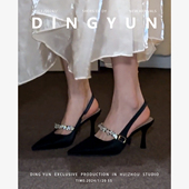 包尖头高细跟鞋 女新款 一字水钻凉鞋 丁允dingyun法式 半拖夏季 外穿