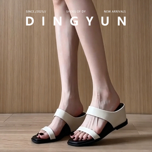 羊皮版dingyun丁允方头露趾凉鞋女夏一字拖单鞋厚底粗跟凉拖鞋