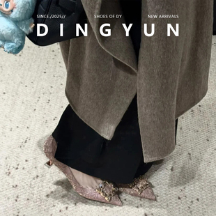 羊皮版dingyun丁允尖头水钻高跟鞋浅口婚鞋高级感绸缎一脚蹬单鞋