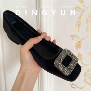 羊皮版dignyun丁允法式单鞋粗跟水钻一脚蹬通勤鞋高跟加绒女鞋冬