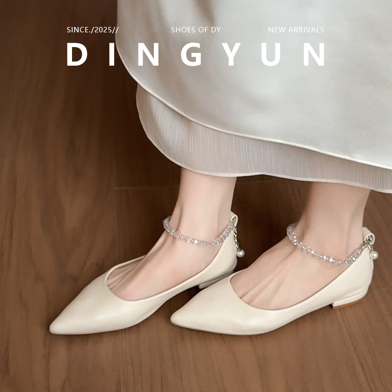 巨显白法式一字带包头低跟鞋