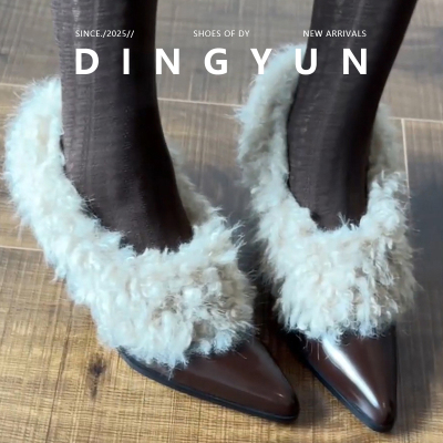 秋冬复古尖头法式一脚蹬毛毛鞋冬