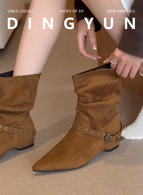 羊皮版dingyun丁允西部牛仔褶皱堆堆短靴女内增高尖头复古马丁靴