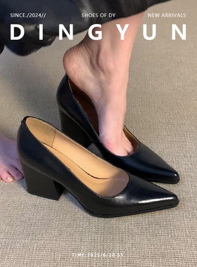 羊皮版dingyun丁允法式尖头纯欲高跟鞋百搭黑色通勤粗跟单鞋女