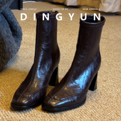 丁允 方头英伦风马丁靴百搭中性厚底粗跟瘦瘦靴秋冬后拉链短靴