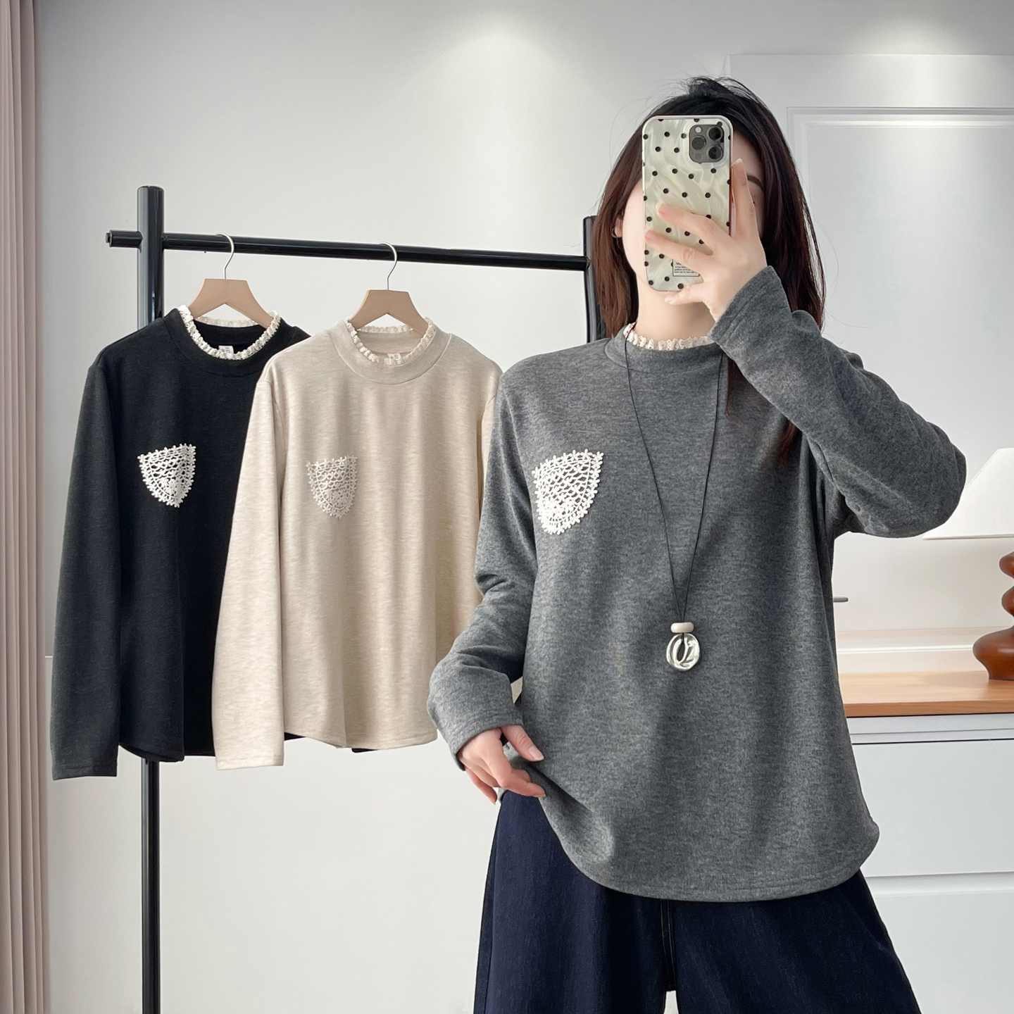 胖妹妹大码打底衫200斤秋冬2025新款花边拼接蕾丝口袋加绒内搭女