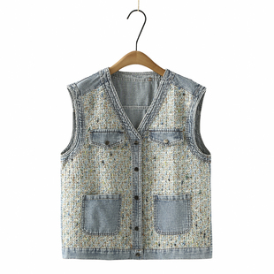 牛仔马甲胖mm时尚 女大码 v领小香风拼接宽松坎肩外搭 新款 2024春装