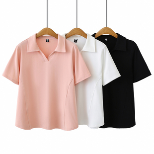 200斤遮肚子半袖 2026夏新款 上衣 短袖 胖妹妹显瘦遮肉翻领t恤女大码