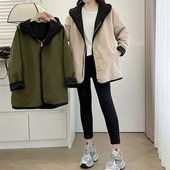 胖mm200斤两面穿休闲中长款 新款 连帽外套 宽松风衣女2024秋季 大码