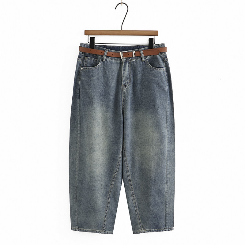 复古蓝牛仔裤大码宽松九分香蕉裤