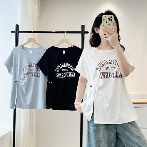 胖妹妹短袖t恤女不规则开叉半袖