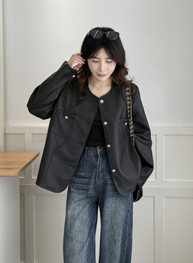 皮衣外套女大码2025春季新款胖mm200斤时尚显瘦正肩pu皮夹克上衣