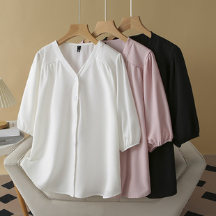 衬衫 女胖妹妹大码 夏季 2024年新款 上衣 200斤韩版 v领宽松休闲五分袖