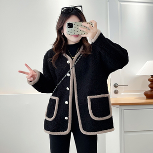 拼色毛毛拼接加绒大衣 200斤时尚 胖妹妹厚外套女2025秋冬新款 大码