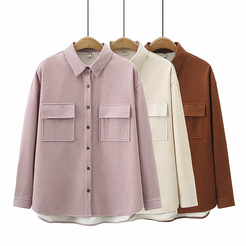 加绒衬衫大码双口袋宽松衬衣外套