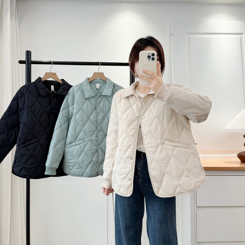 大码轻薄棉衣女菱形格棉服外套