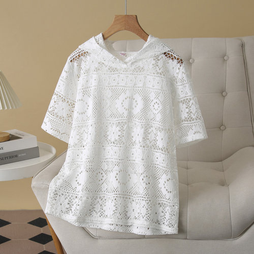 短袖女上衣夏大码镂空连帽蕾丝衫