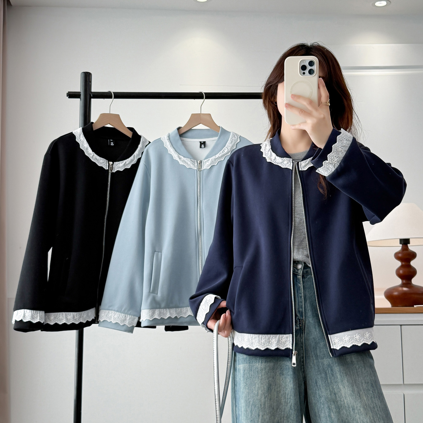 胖mm卫衣外套蕾丝花边拉链上衣女