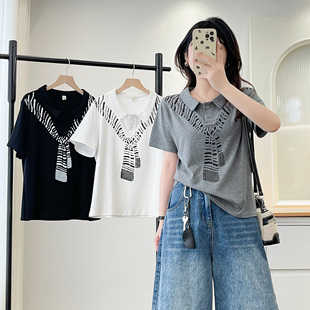 胖mm显瘦正肩短袖 围巾印花polo领半袖 2025夏季 时尚 新款 t恤女大码