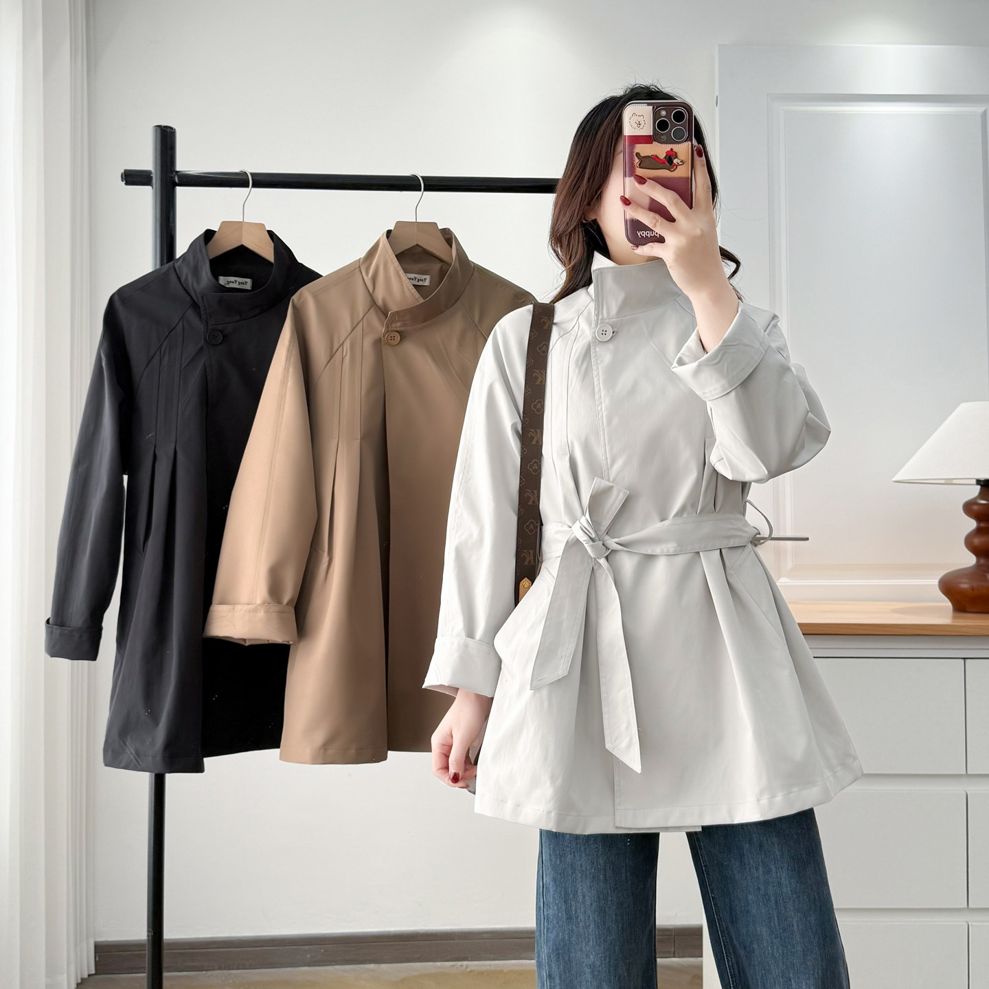 中长款外套遮屁股洋气减龄大码女装2026春季新款胖mm系带收腰风衣