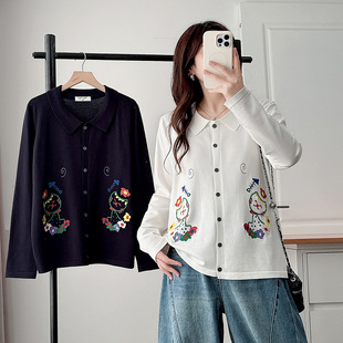 开衫 减龄翻领猫咪刺绣针织衫 大码 胖mm时尚 上衣 2025早秋新款 女长袖