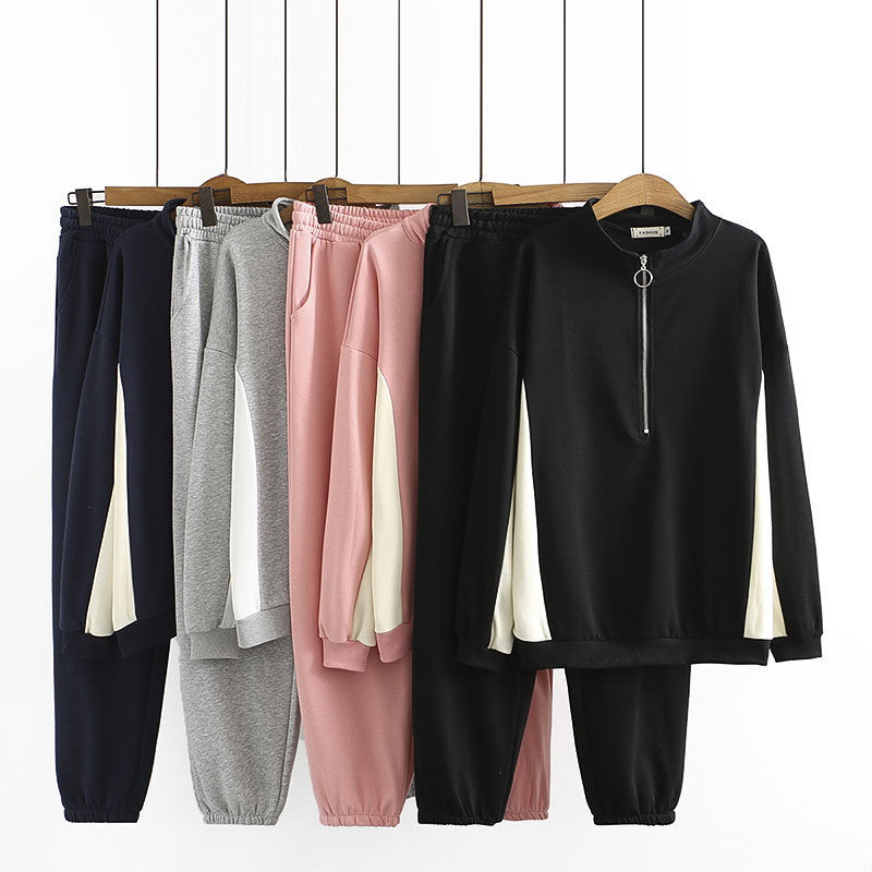 大码卫衣套装女200斤早秋新款胖妹妹撞色上衣+卫裤运动休闲两件套