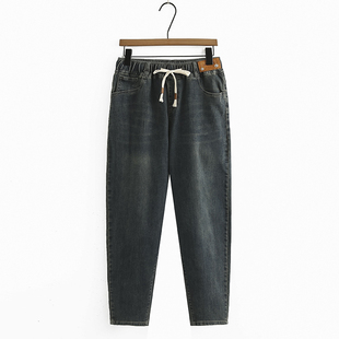 哈伦裤 胖mm抽绳松紧腰弹力牛仔裤 女宽松老爹裤 新款 2023年秋季 大码