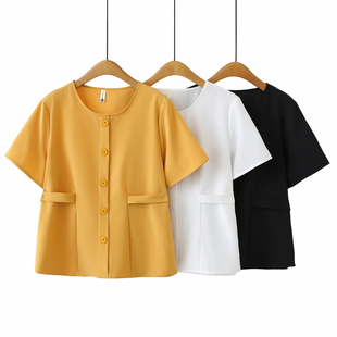 衬衫 短袖 2026夏季 新款 上衣 大码 假门襟钉扣系腰带宽松遮肚半袖 女装