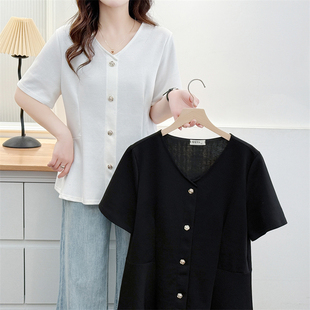 v领钉扣收腰遮肚子半袖 大码 新款 2026夏季 上衣 胖妹妹200斤t恤短袖