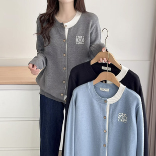 开衫 洋气减龄拼色刺绣针织衫 女春季 胖mm时尚 毛衣外套 2025新款 大码