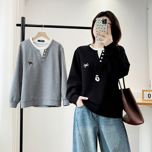 200斤时尚 适合胖mm 新款 卫衣女2025秋季 撞色刺绣假两件上衣 大码