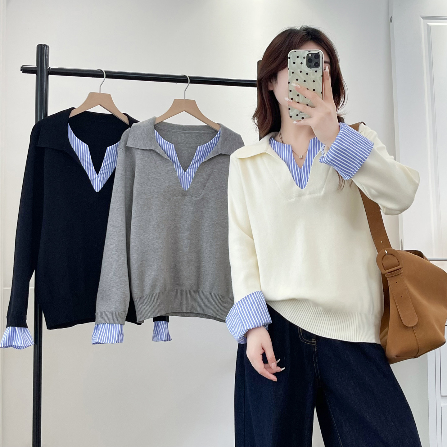 针织衫女大码假两件上衣2025秋季新款胖妹妹时尚减龄条纹拼接毛衣,女装/女士精品,毛针织衫,淘宝优惠券,粉丝福利购,淘宝优惠卷