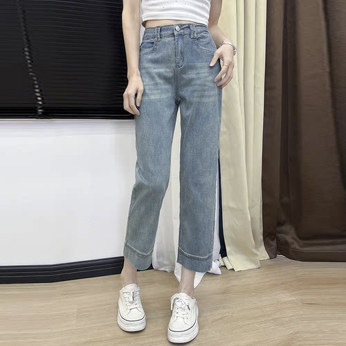 大码牛仔裤2024夏季八分直筒裤女