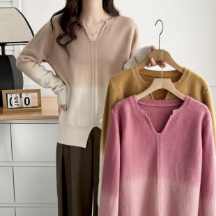洋气v领渐变色打底针织衫 时尚 上衣 毛衣女胖mm秋冬2024年新款 大码