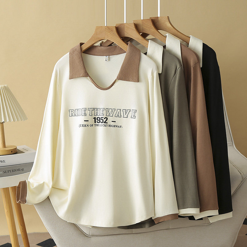 胖妹妹t恤女拼色长袖翻领打底衫