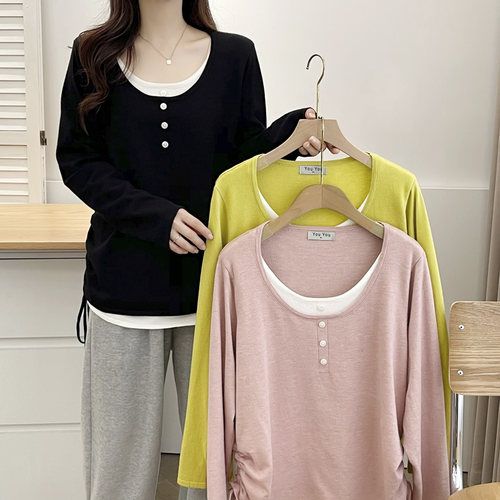 大码针织衫圆领套头假两件上衣女