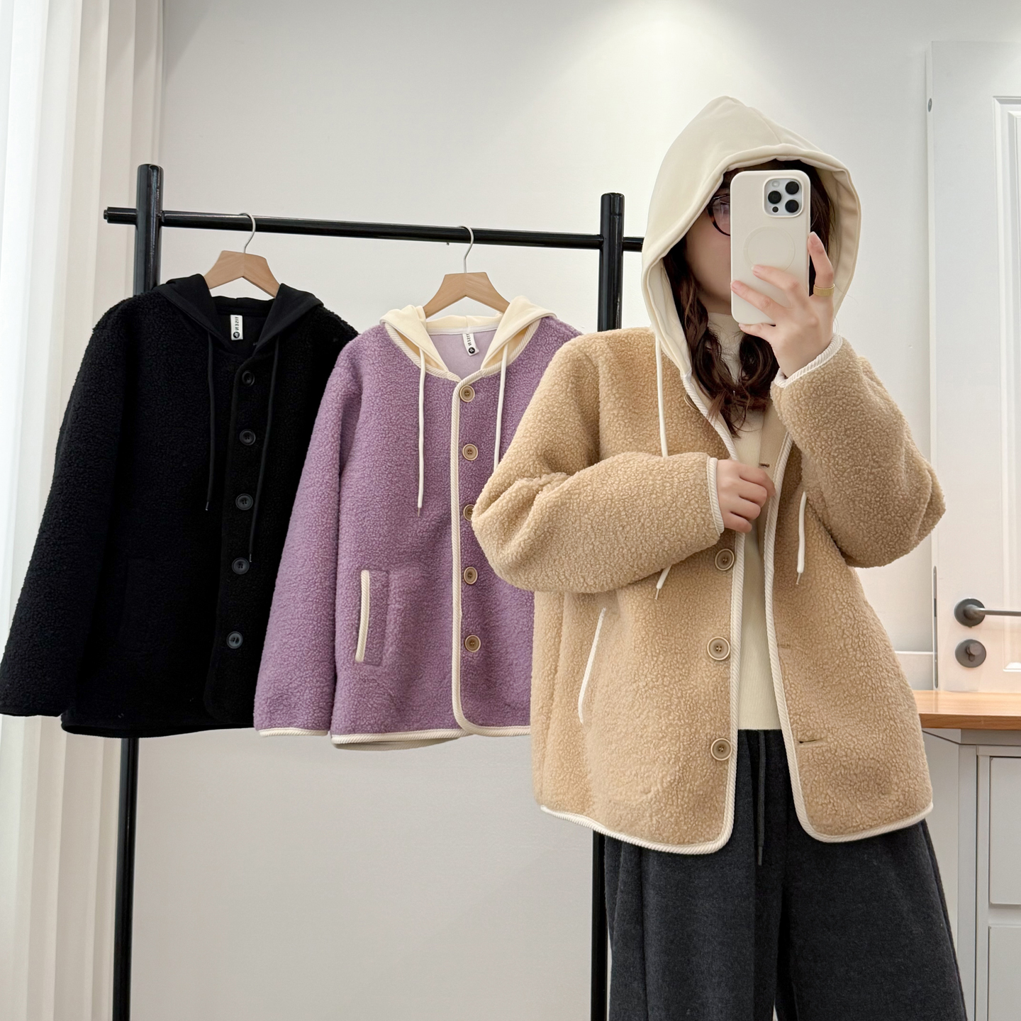 皮毛一体外套女大码撞色连帽上衣