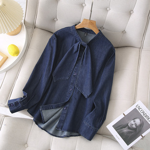 胖mm200斤时尚 大码 新款 女外穿2025春季 大蝴蝶结宽松牛仔上衣 衬衫