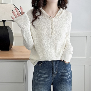 女大码 洋气蕾丝拼接打底衫 2025春季 胖mm200斤时尚 新款 连帽针织衫