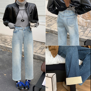 胖m200斤显瘦小个子烟管裤 加绒加厚2025秋冬新款 女大码 直筒牛仔裤