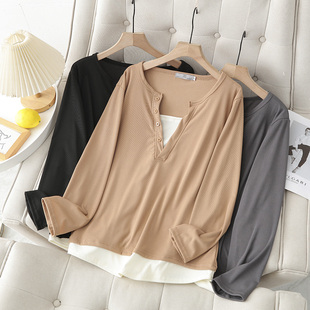 女大码 撞色拼接遮肚子长袖 200斤春装 胖mm时尚 t恤 新款 假两件打底衫
