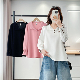 大码女装翻领长袖t恤2026春季新款胖mm200斤显瘦遮肚子褶皱袖上衣