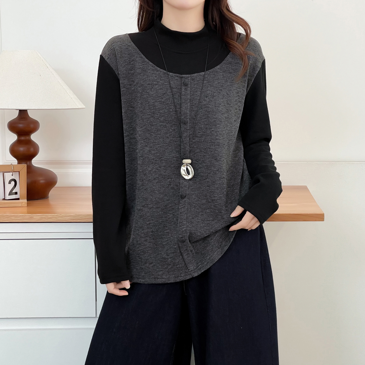 胖妹妹大码打底衫半高领拼色内搭