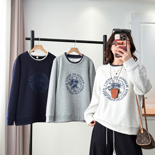 胖妹妹减龄卫衣2025秋冬新款大码时尚撞色拼接印花加绒假两件上衣