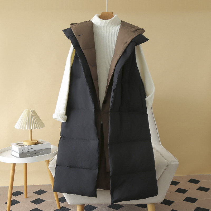 马甲大码女胖mm冬季2024新款高个子长款拼色连帽宽松羽绒背心外套