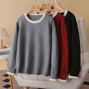 拼色花边打底针织衫 胖mm200斤时尚 内搭2025年秋冬新款 毛衣女大码
