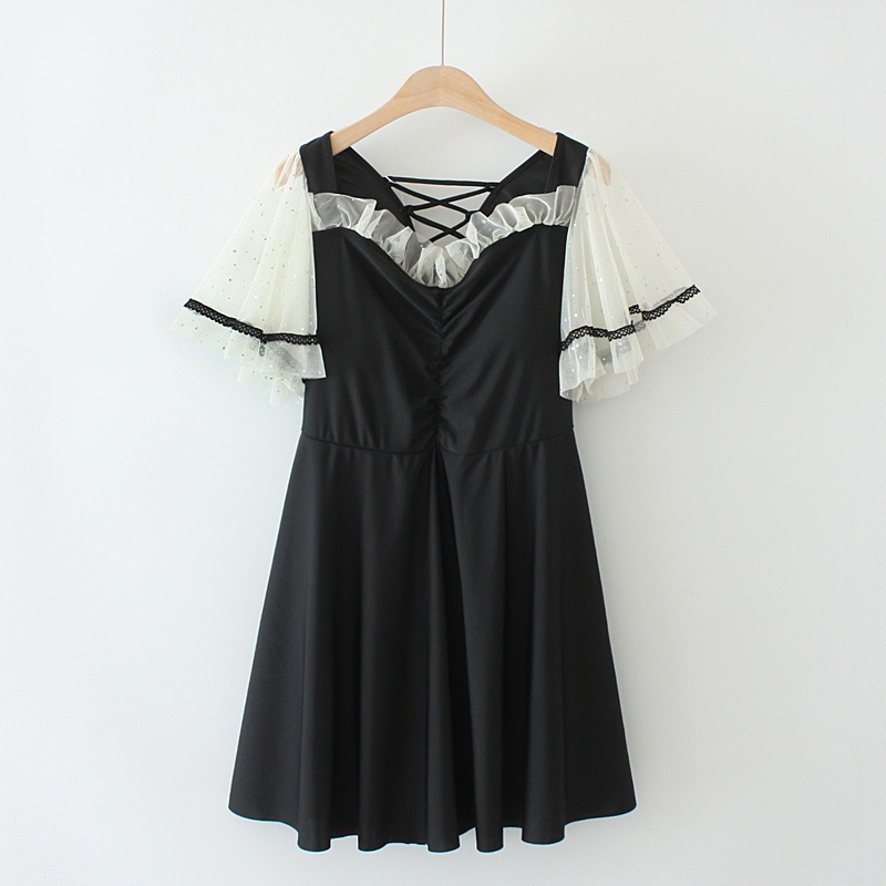 加肥加大码裙式连体泳衣女胖mm网纱拼接后背绑带短袖度假温泉泳装