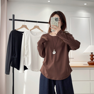 打底衫女2025早秋新款大码胖mm200斤显瘦收腰两侧褶皱遮肚长袖t恤